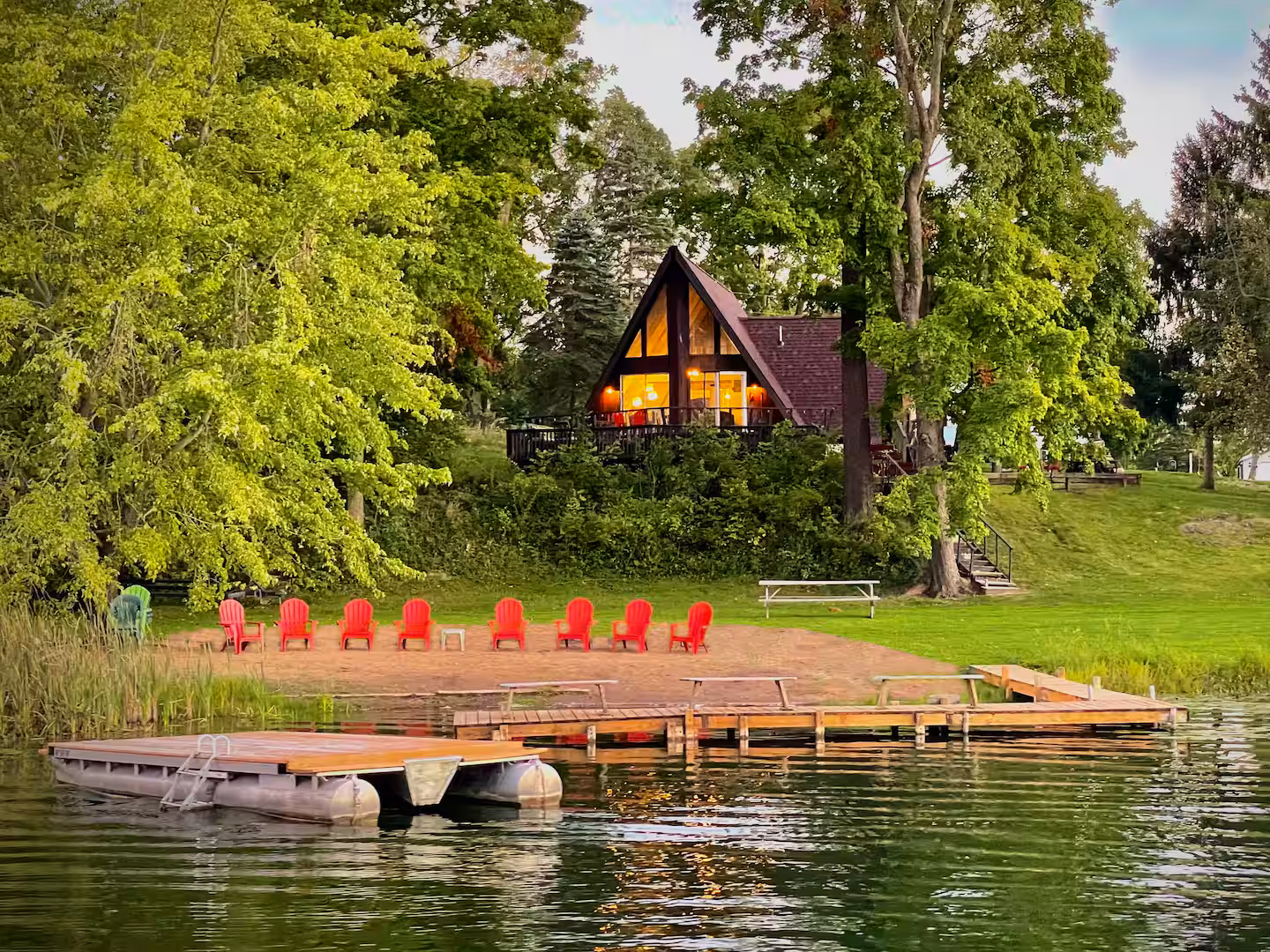A-Frame beach view with dock and lake
