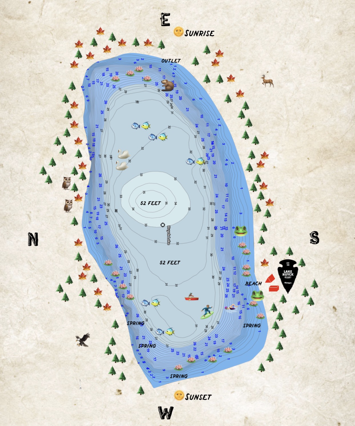 Illustrated overhead map of Lake Huyck showing depths, springs, and compass directions