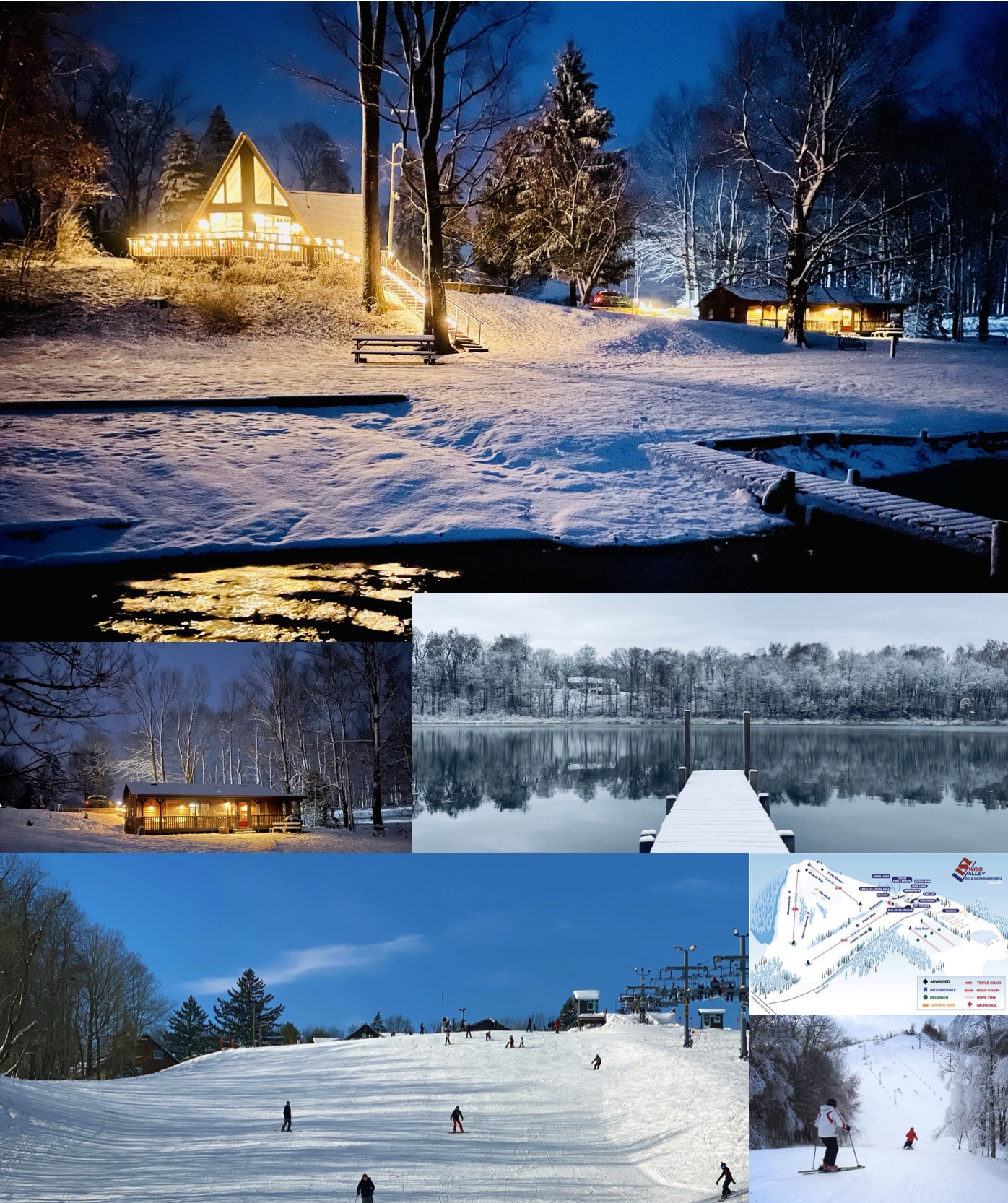 Winter at Lake Huyck — snow-covered cabins, frozen lake, and nearby Swiss Valley skiing