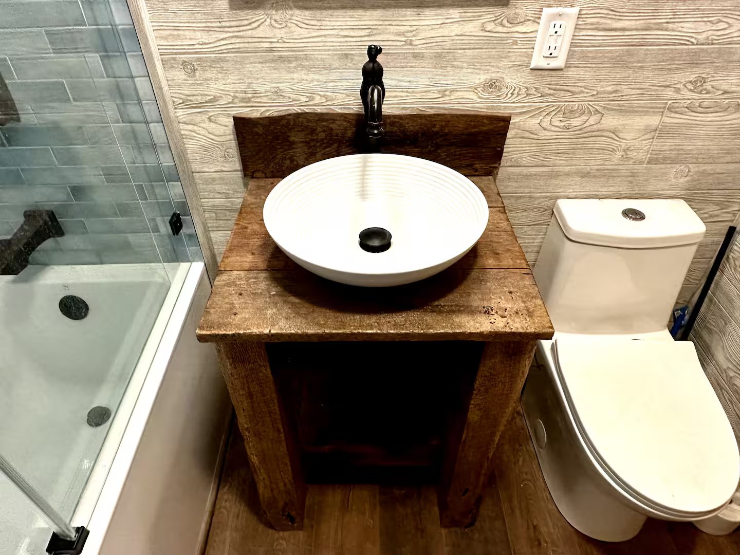Rustic vanity with vessel sink