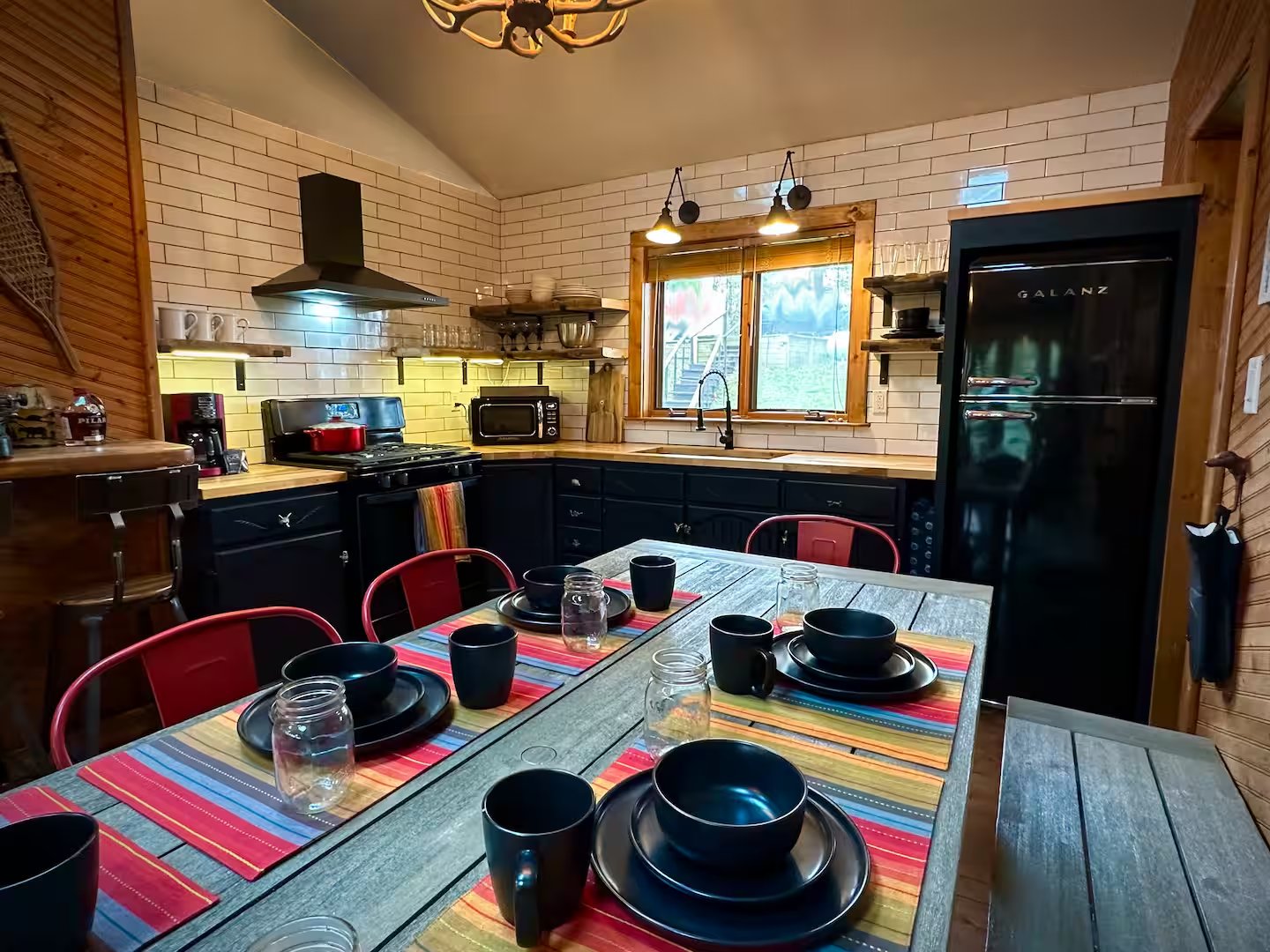 Dining area with table set for eight
