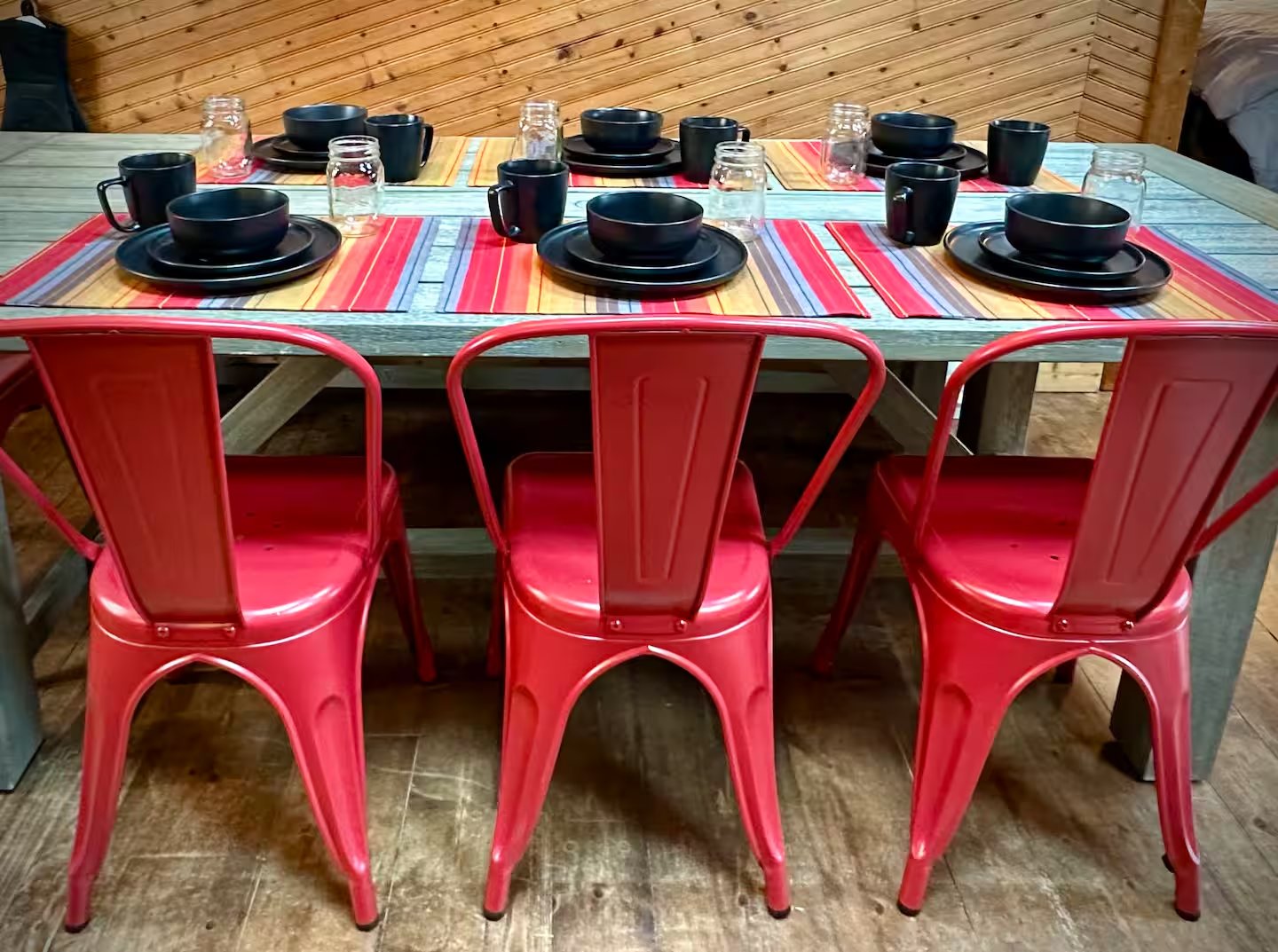 Red metal dining chairs