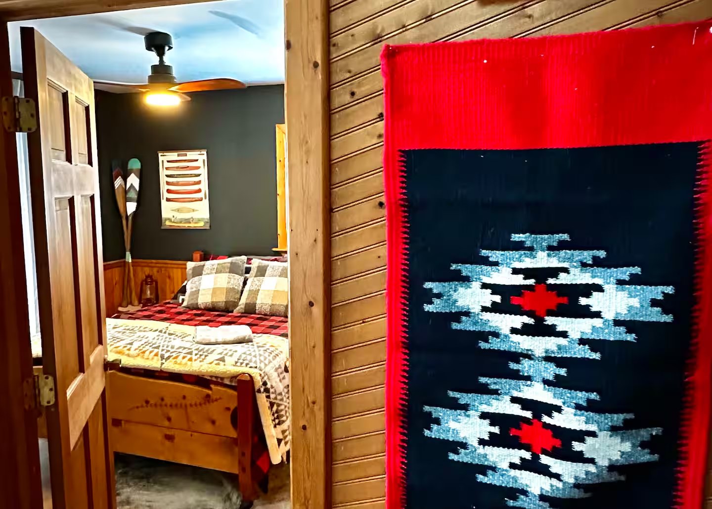 Guest bedroom doorway with Navajo tapestry